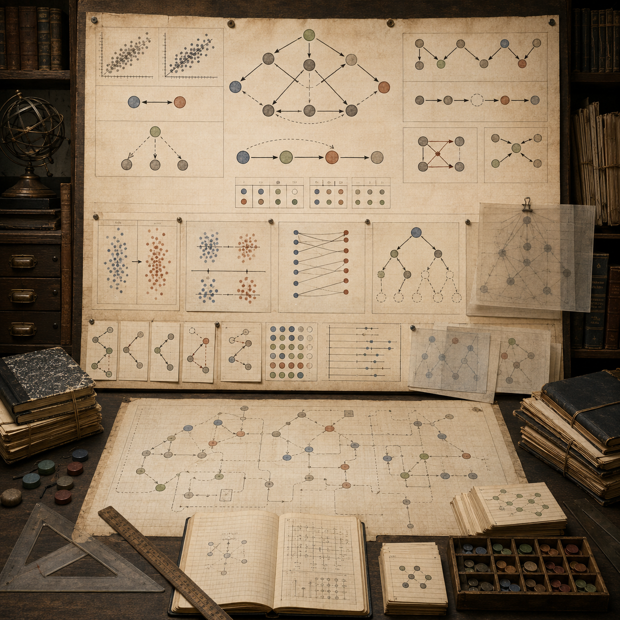 A restrained scholarly illustration of a vintage research workspace with causal diagrams, directed networks, confounding structures, comparison plots, intervention paths, notebooks, archival papers, rulers, and symbolic tokens representing causal inference and computational reasoning.