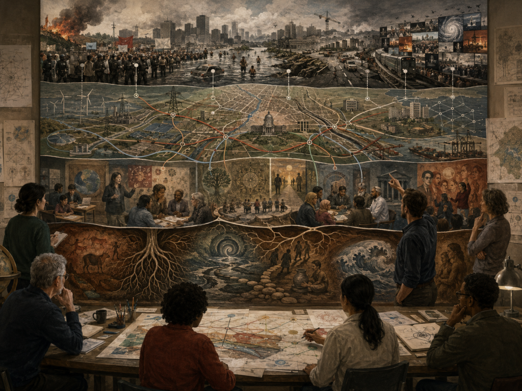 A futures research group studies layered causes beneath visible crises, from surface events to systems, worldviews, and deeper myths.