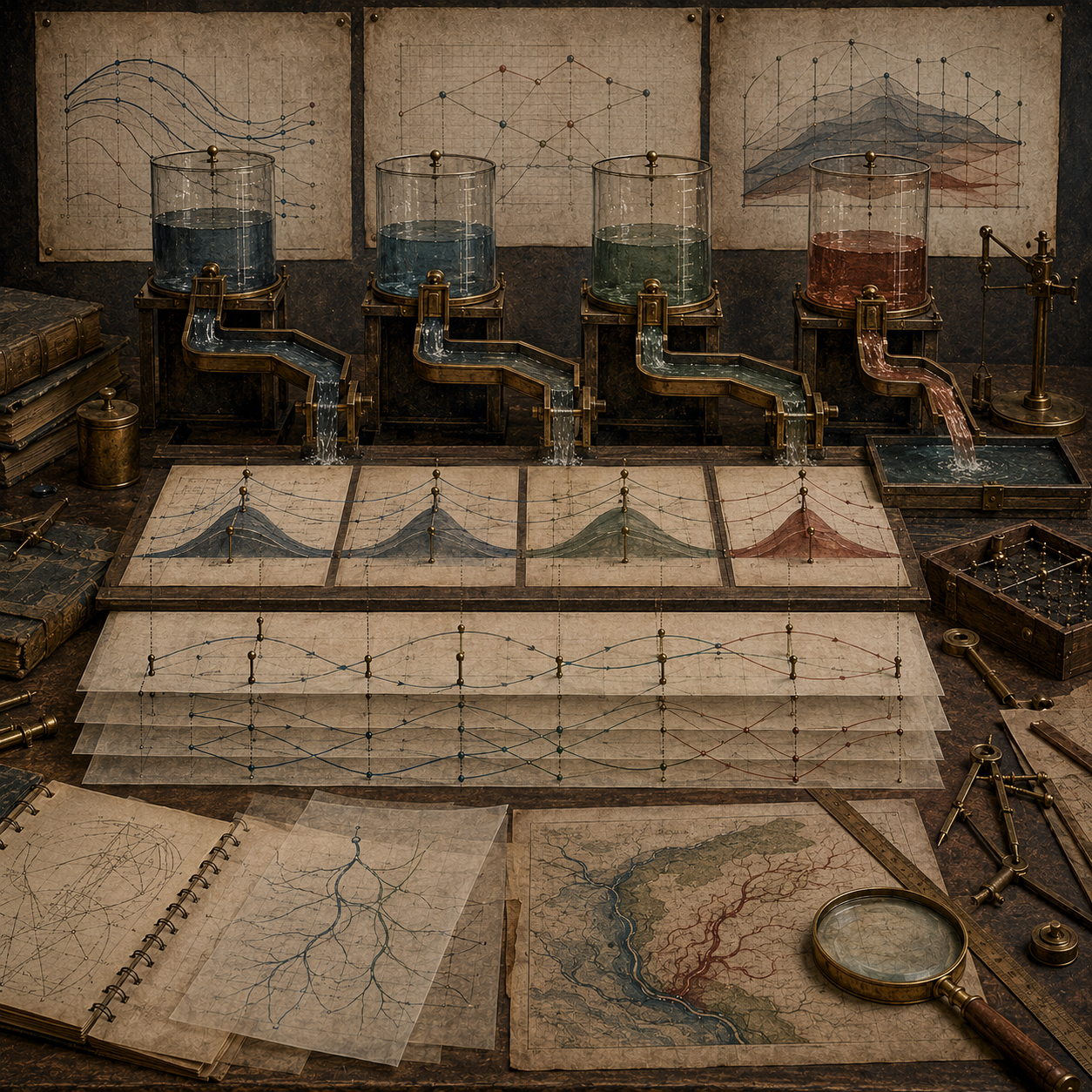 Archival systems modeling workspace with linked water vessels, layered curves, network diagrams, translucent overlays, maps, notebooks, and drafting tools representing composite change without labels or text.