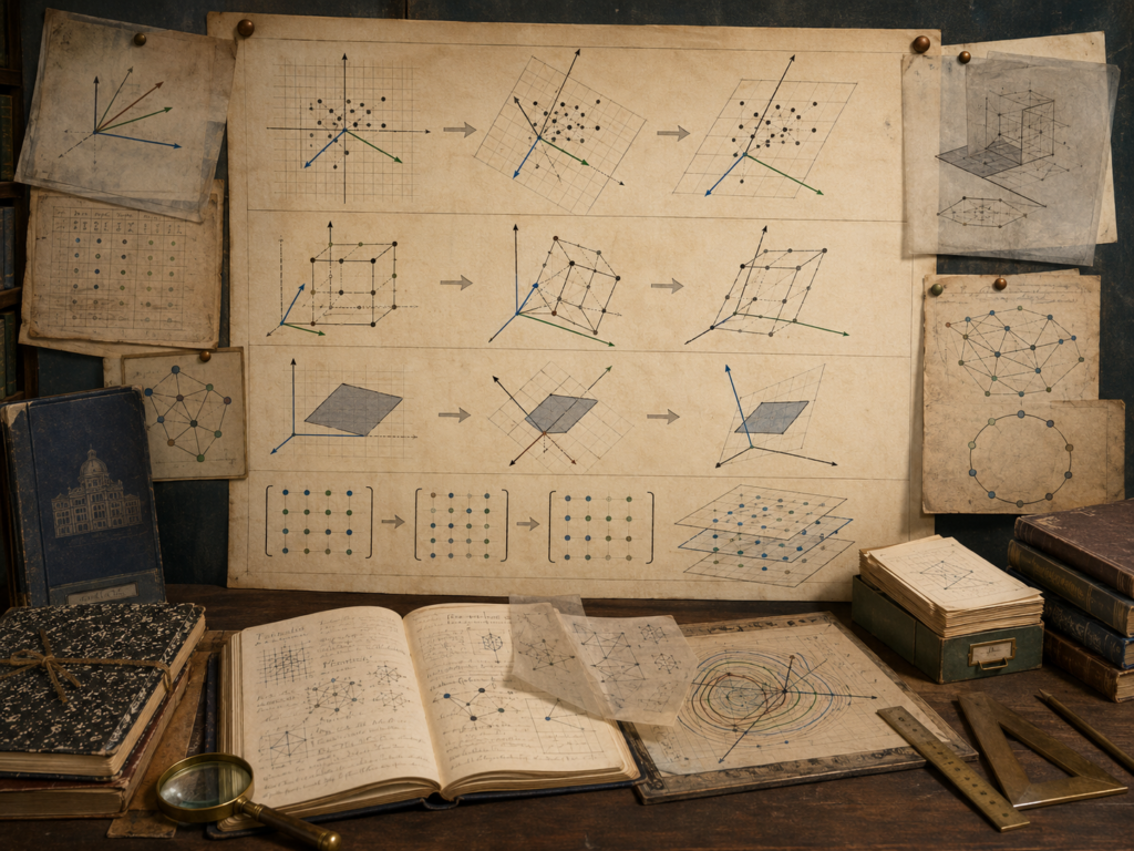 Vintage mathematical workspace with rotated coordinate grids, basis vectors, transformed point clouds, equivalent lattice diagrams, network sketches, notebooks, and drafting tools.