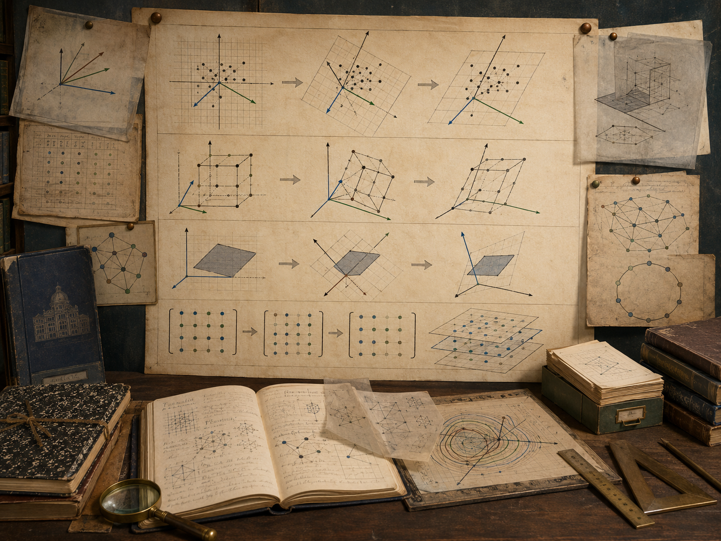 Vintage mathematical workspace with rotated coordinate grids, basis vectors, transformed point clouds, equivalent lattice diagrams, network sketches, notebooks, and drafting tools.