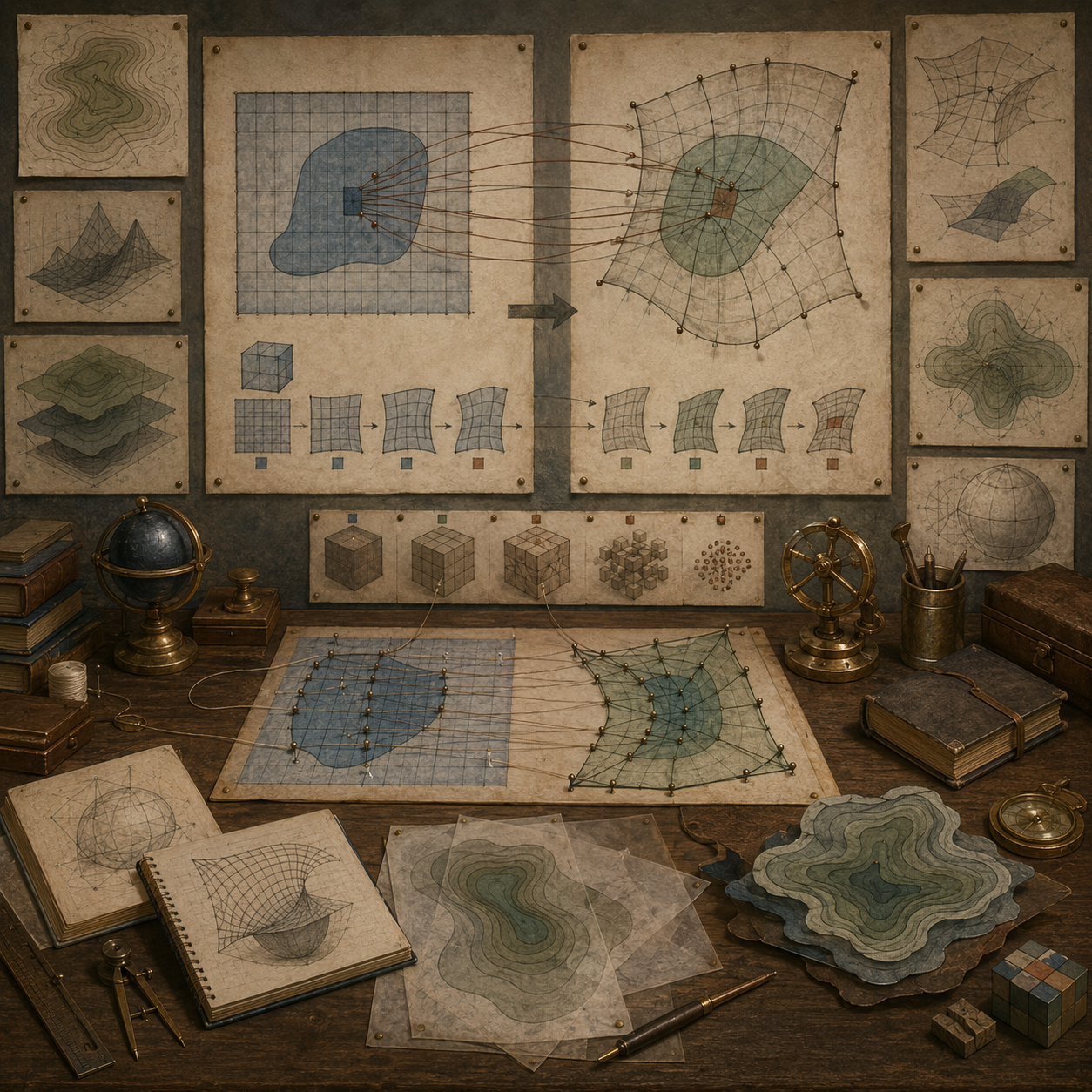 Editorial mathematical illustration of change of variables in multidimensional systems, showing transformed coordinate grids, mapped regions, Jacobian scaling, density fields, area and volume elements, notebooks, diagrams, and computational modeling materials.