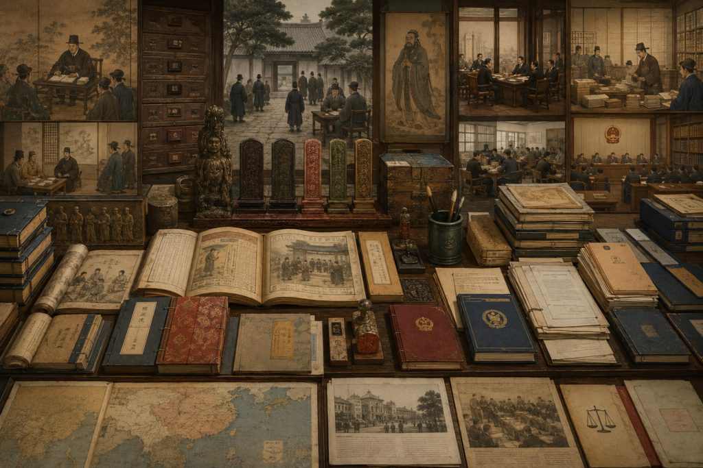 Editorial illustration of Chinese and East Asian legal traditions shown through imperial law codes, administrative registers, magistrate records, civil-service documents, regional maps, legal commentaries, reform-era files, and modern governance materials.