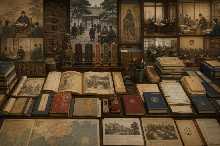 Editorial illustration of Chinese and East Asian legal traditions shown through imperial law codes, administrative registers, magistrate records, civil-service documents, regional maps, legal commentaries, reform-era files, and modern governance materials.