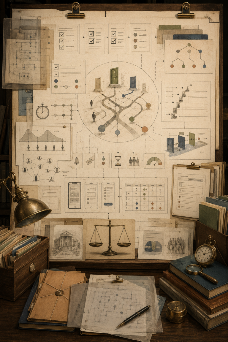 Editorial illustration of choice architecture and nudging as a scholarly policy-design workspace, with branching pathways, default checkboxes, friction maps, institutional forms, interface sketches, timing markers, and ethical oversight symbols.