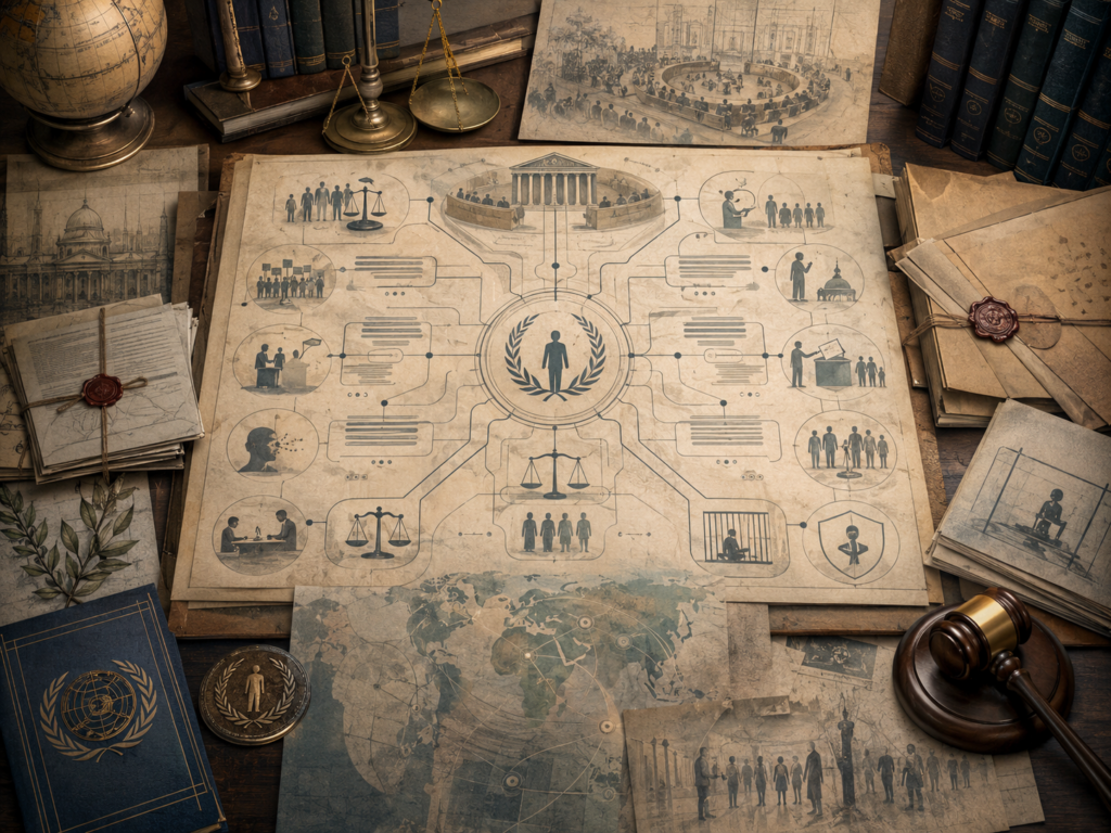 Scholarly illustration of a civil and political rights legal dossier with institutional diagrams, public assembly imagery, speech and voting symbols, due process pathways, detention review, scales, maps, legal volumes, and archival materials.