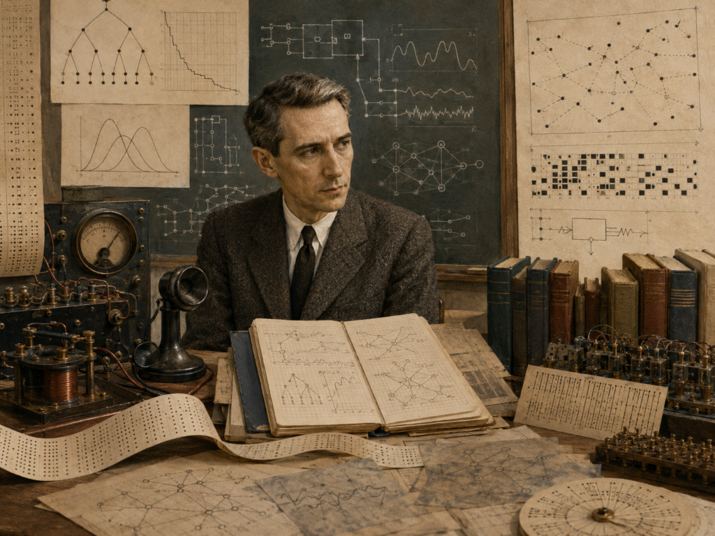 A restrained scholarly illustration of Claude Shannon in a mid-century research workspace with signal diagrams, entropy curves, communication channels, punched tape, circuit networks, books, notebooks, and chalkboard structures representing the mathematical theory of information.