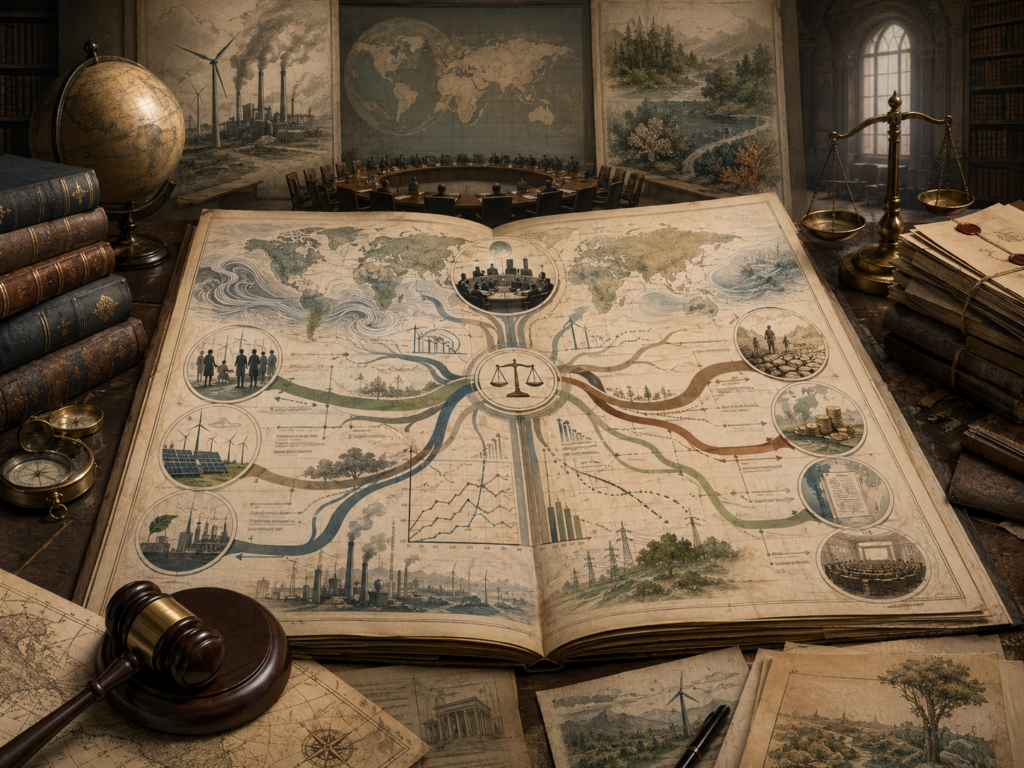 Scholarly illustration of a climate law archive with a global climate map, decarbonization pathways, treaty files, energy transition diagrams, legal scales, institutional chambers, and environmental governance materials.