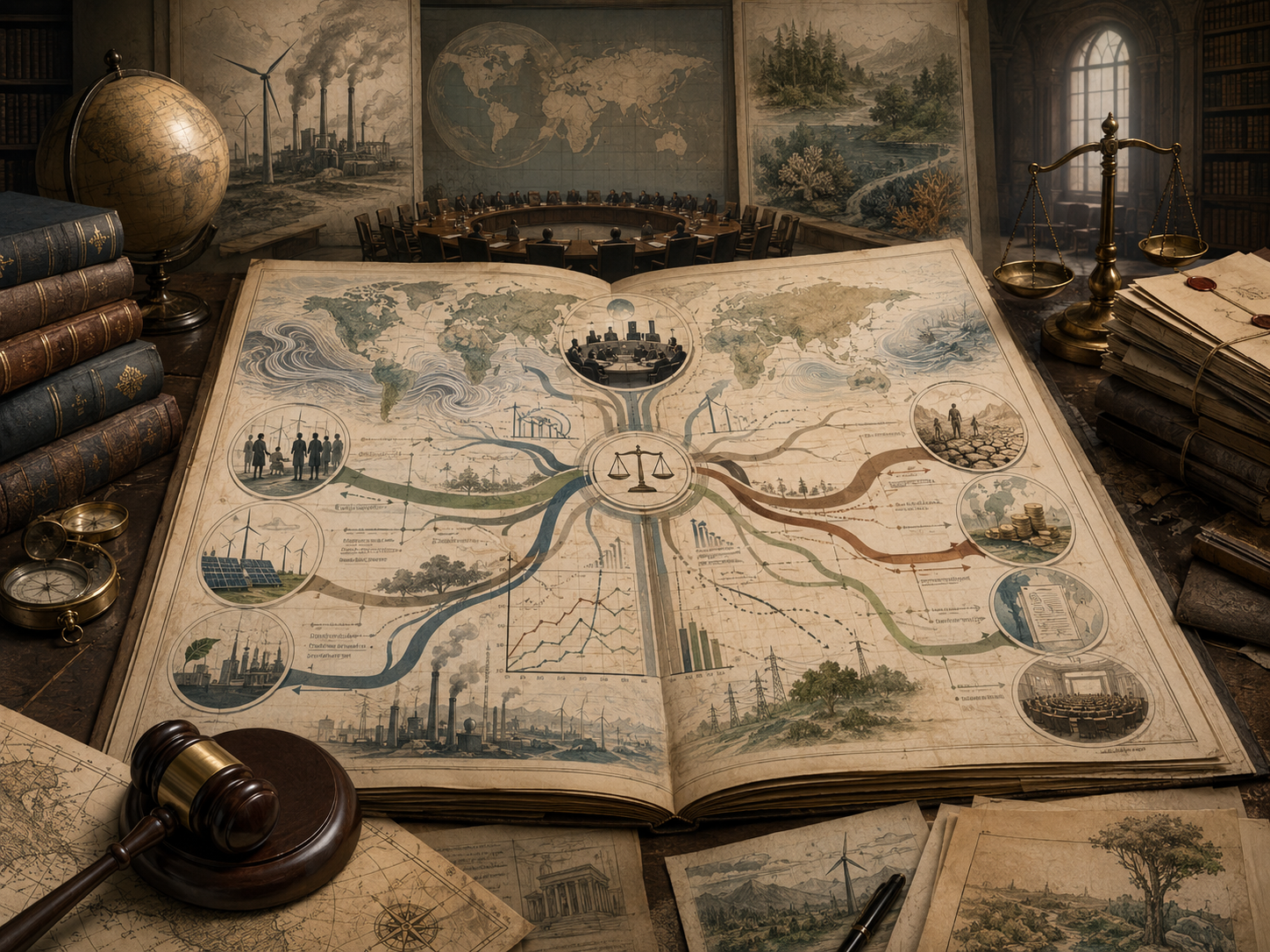Scholarly illustration of a climate law archive with a global climate map, decarbonization pathways, treaty files, energy transition diagrams, legal scales, institutional chambers, and environmental governance materials.