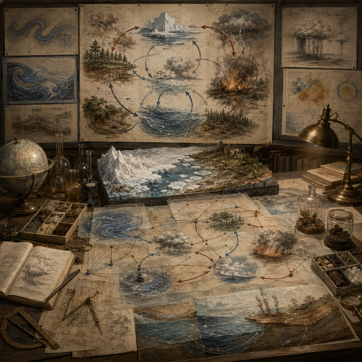 Archival climatology workspace with ice sheets, oceans, forests, storms, fire, arrows, layered maps, research diagrams, glass vessels, and drafting tools representing climate feedback models.