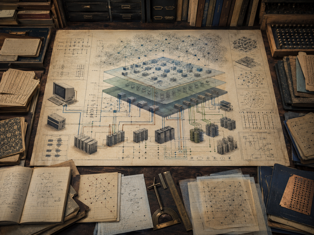 A restrained scholarly illustration of a vintage systems-design workspace with layered cloud architecture diagrams, networked service nodes, storage stacks, server blocks, workflow paths, notebooks, punched cards, and drafting tools representing cloud computing and algorithmic infrastructure.
