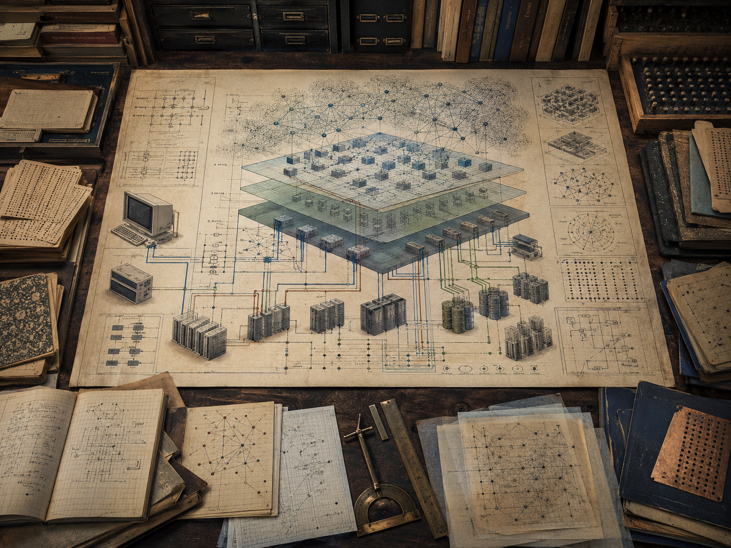 A restrained scholarly illustration of a vintage systems-design workspace with layered cloud architecture diagrams, networked service nodes, storage stacks, server blocks, workflow paths, notebooks, punched cards, and drafting tools representing cloud computing and algorithmic infrastructure.