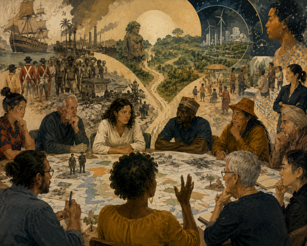 A diverse group examines colonial histories, contested futures, extraction, community self-determination, and alternative pathways of repair.