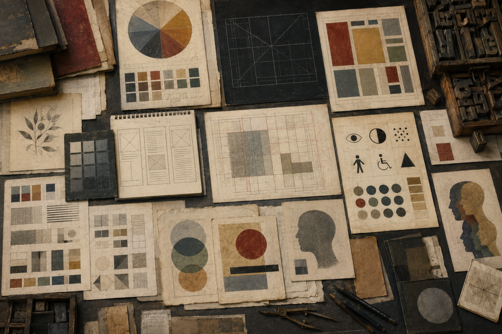 Scholarly archival design studio table with muted color palettes, grid systems, layout studies, typographic blocks, contrast swatches, accessibility symbols, geometric diagrams, and editorial design materials representing visual communication and responsible design.