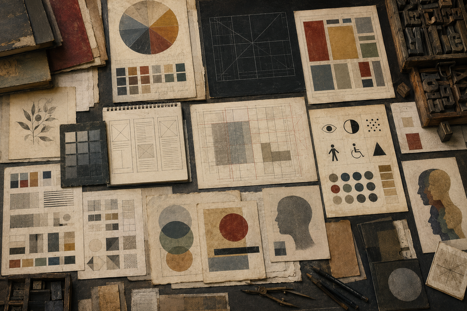 Scholarly archival design studio table with muted color palettes, grid systems, layout studies, typographic blocks, contrast swatches, accessibility symbols, geometric diagrams, and editorial design materials representing visual communication and responsible design.