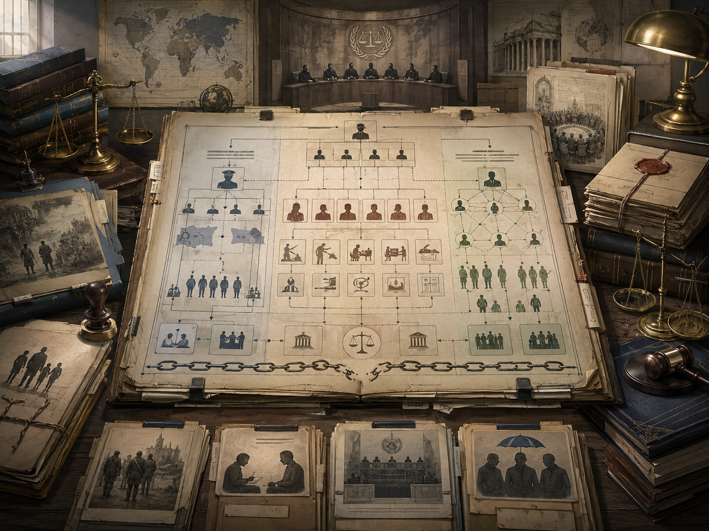 Scholarly illustration of an international criminal law dossier with command-structure charts, liability pathways, tribunal imagery, witness files, evidence folders, scales, legal books, and accountability records.
