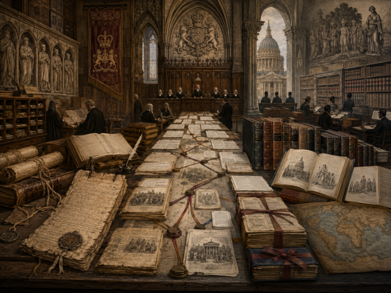 Editorial illustration of common law and precedent shown through historic court records, case reports, judicial opinions, law books, archival documents, precedent chains, court ledgers, and appellate chamber imagery.