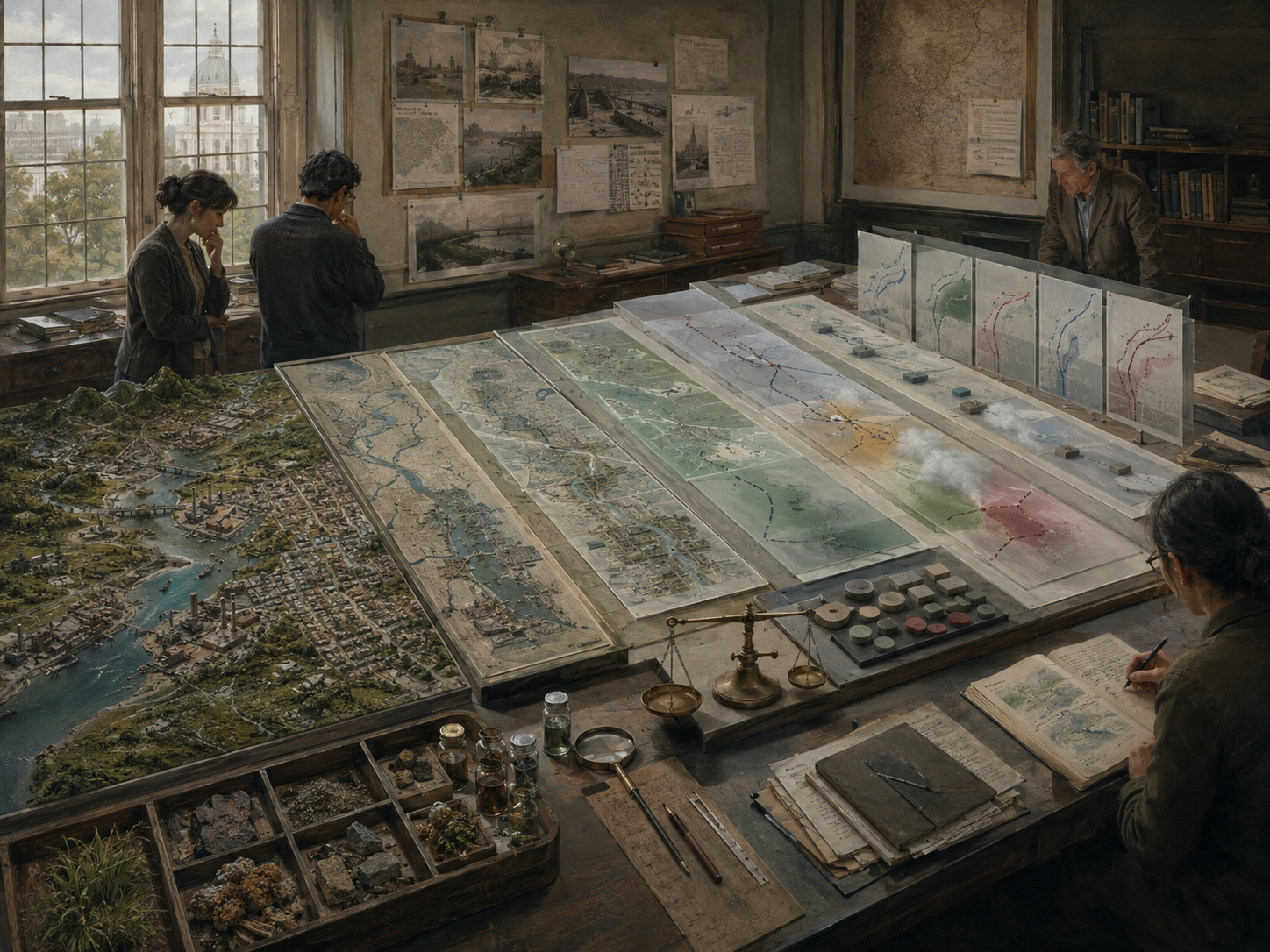 Institutional research room with analysts reviewing model results through comparative panels, regional maps, uncertainty overlays, evidence trays, notebooks, instruments, and stakeholder-facing display materials.