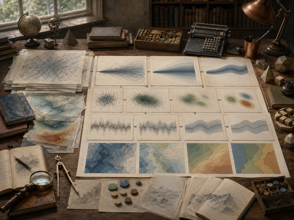 Editorial illustration of a scholarly modeling desk with uncertainty clouds, fan charts, probability bands, contour maps, ensemble paths, and simplified visual summaries.