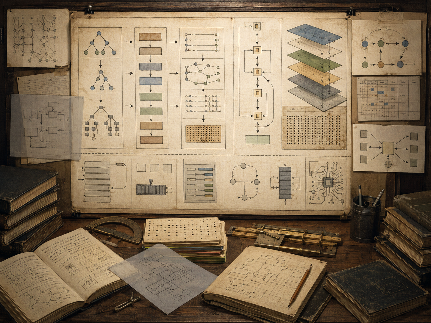 A restrained scholarly illustration of a vintage research desk and wall board covered with layered execution diagrams, transformation pipelines, syntax trees, flow structures, punched cards, notebooks, and archival tools representing compilers, interpreters, and execution models.