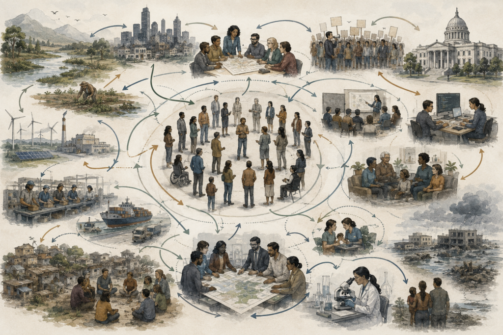 Restrained editorial illustration of communities, civic institutions, workspaces, environmental systems, public meetings, research activity, and social networks connected by looping feedback arrows.
