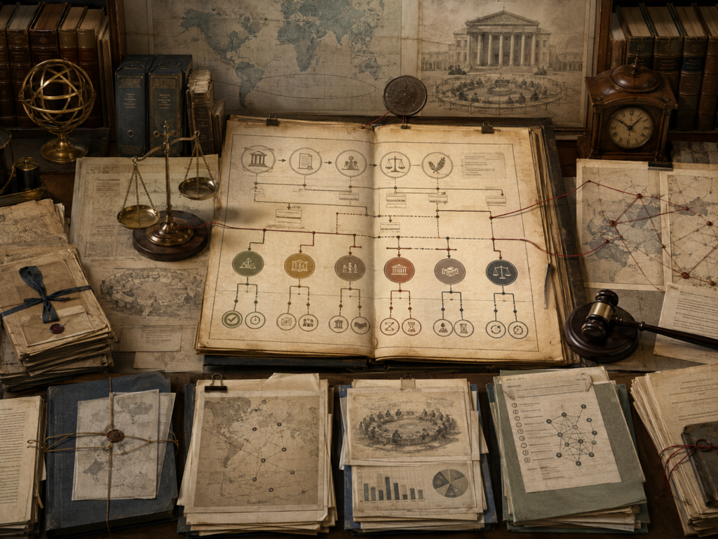 Scholarly illustration of an international legal archive with a judgment flowchart, compliance files, monitoring reports, scales, a gavel, maps, and institutional records representing the limits of international adjudication.