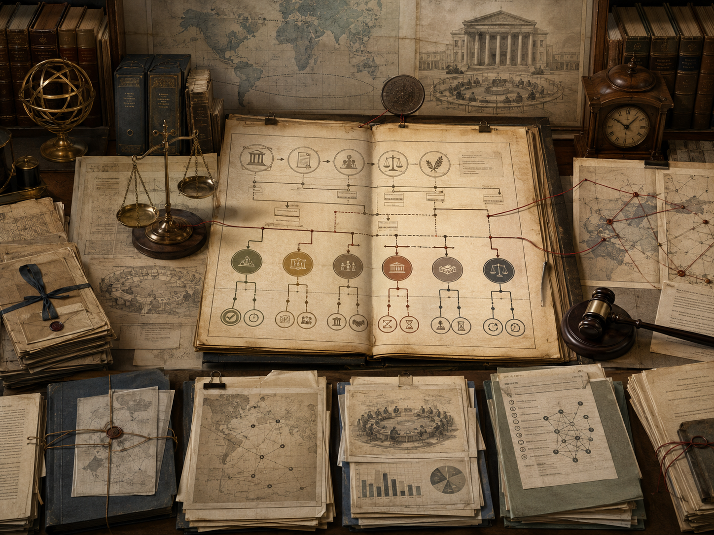 Scholarly illustration of an international legal archive with a judgment flowchart, compliance files, monitoring reports, scales, a gavel, maps, and institutional records representing the limits of international adjudication.