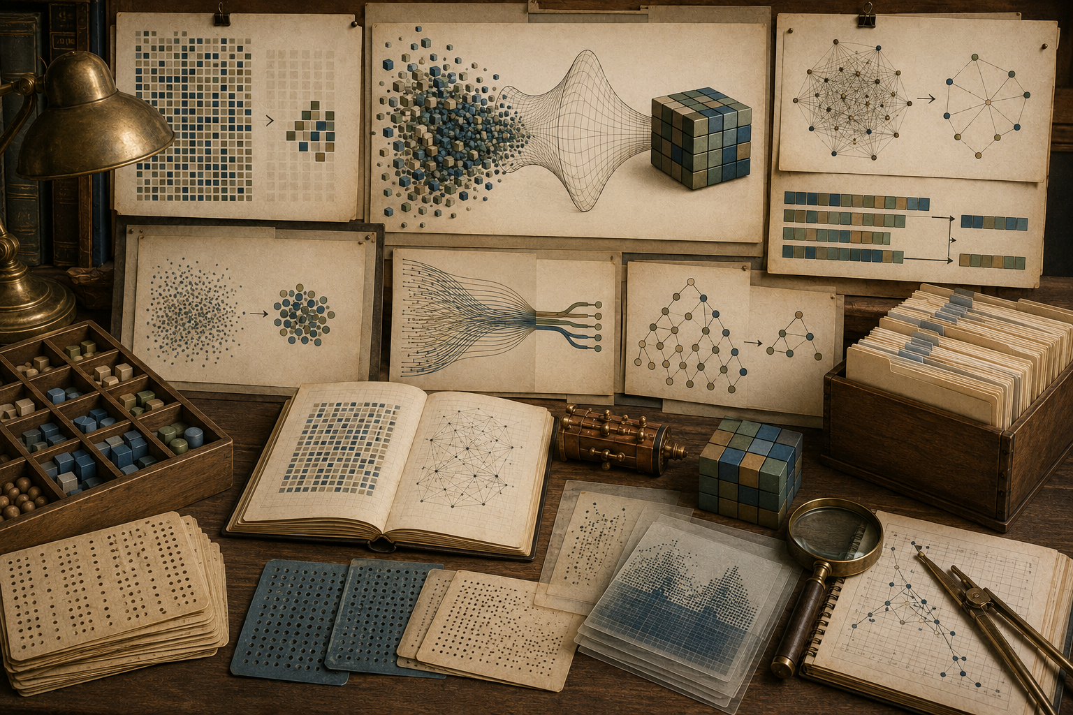 A restrained scholarly still-life of a vintage research workspace with clustered blocks, compressed cubes, punched cards, notebooks, abstract network diagrams, file boxes, and archival tools representing compression and encoding without readable text.