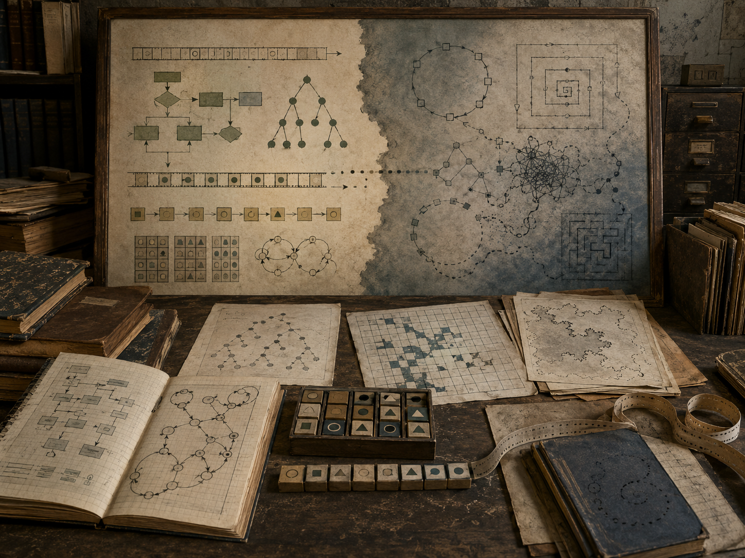 A restrained scholarly illustration of an archival research desk and wall board showing orderly procedural diagrams giving way to tangled, looping, and indeterminate structures, representing computability and the limits of procedure.