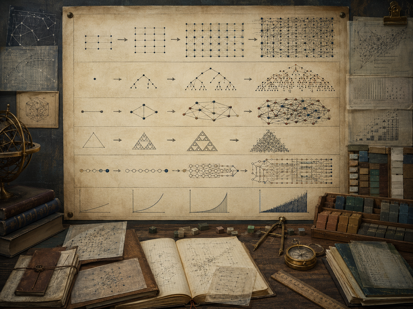A restrained scholarly illustration of a vintage computational research workspace with expanding grids, widening trees, dense networks, recursive structures, long process pathways, growth curves, notebooks, and archival tools representing computational complexity and scalability.
