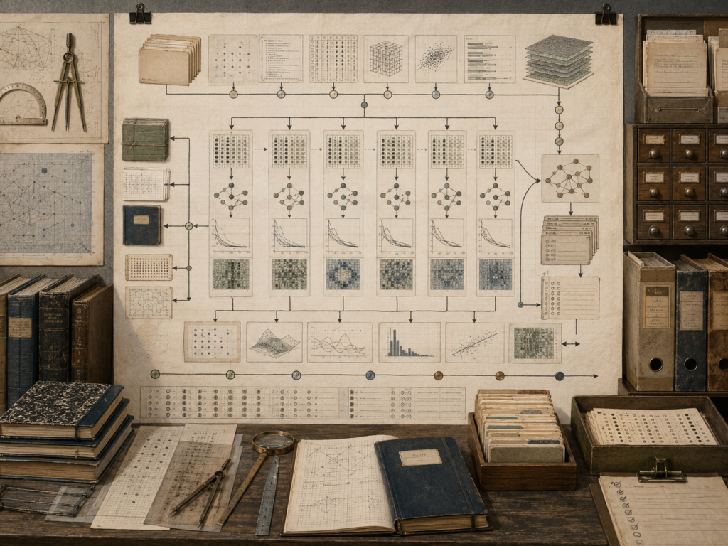 Scholarly editorial illustration of computational experiments and reproducible workflows, showing code notebooks, data pipelines, parameter records, version-control branches, output folders, provenance trails, validation checks, experiment logs, environment manifests, and computational review materials.