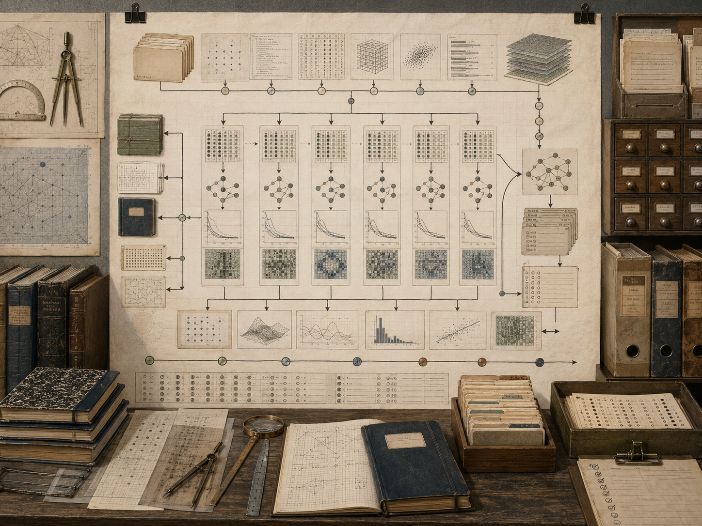 Scholarly editorial illustration of computational experiments and reproducible workflows, showing code notebooks, data pipelines, parameter records, version-control branches, output folders, provenance trails, validation checks, experiment logs, environment manifests, and computational review materials.