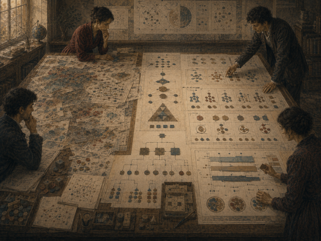 Strategists organize layered maps, diagrams, concept clusters, comparison matrices, and structured frameworks on a large planning table.