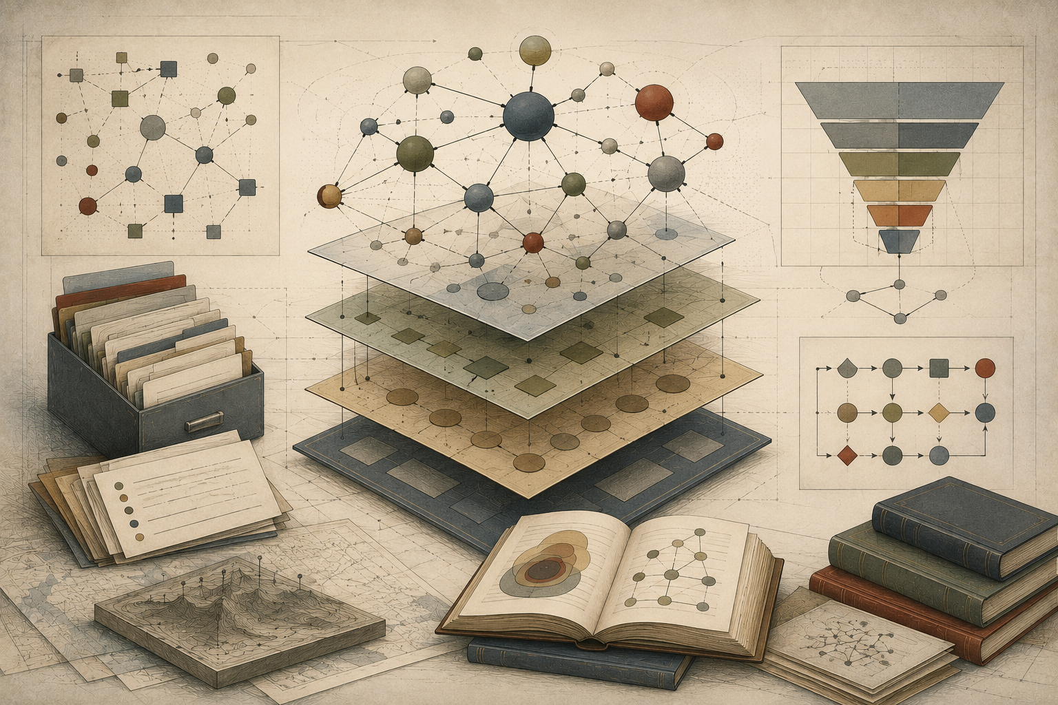 Abstract institutional illustration of layered conceptual models, network diagrams, flow structures, archival folders, books, and connected knowledge maps representing communication frameworks.