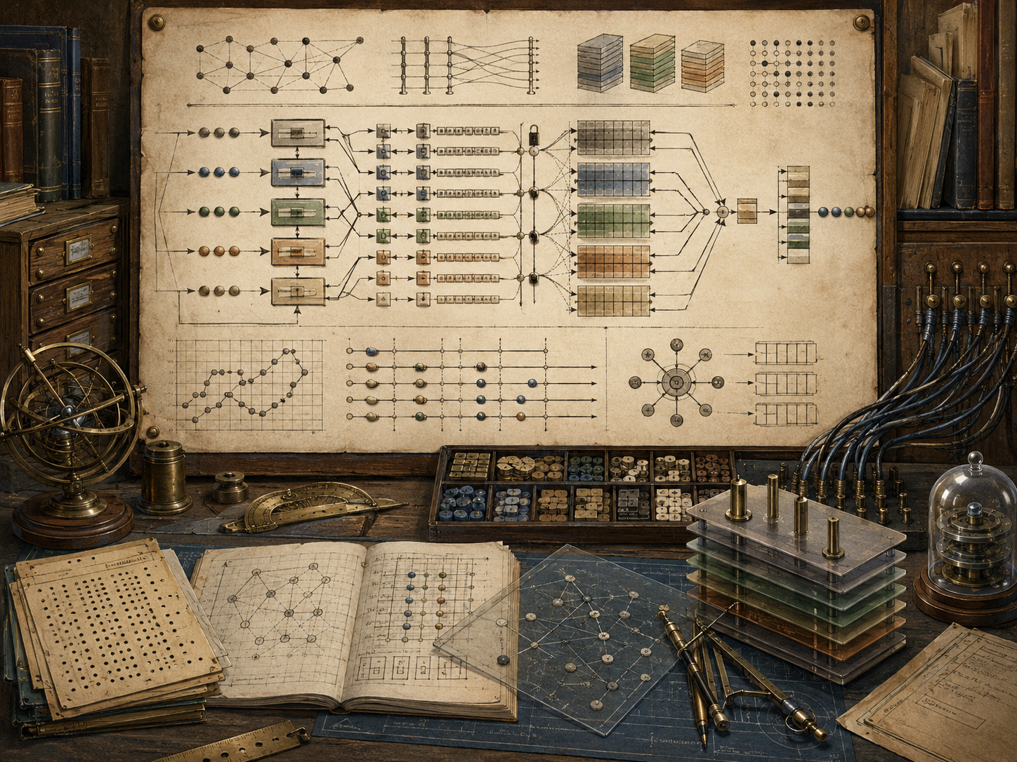 A restrained scholarly illustration of a vintage computational workspace with parallel process lanes, synchronization points, shared resources, queues, network diagrams, notebooks, punched cards, and mechanical-looking routing structures representing concurrency and parallel computation.