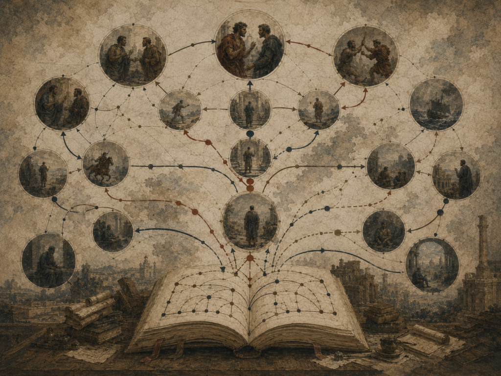 Editorial illustration of an open manuscript sending branching arrows, nodes, and circular scenes of conflict, pursuit, opposition, and turning points through a narrative structure.