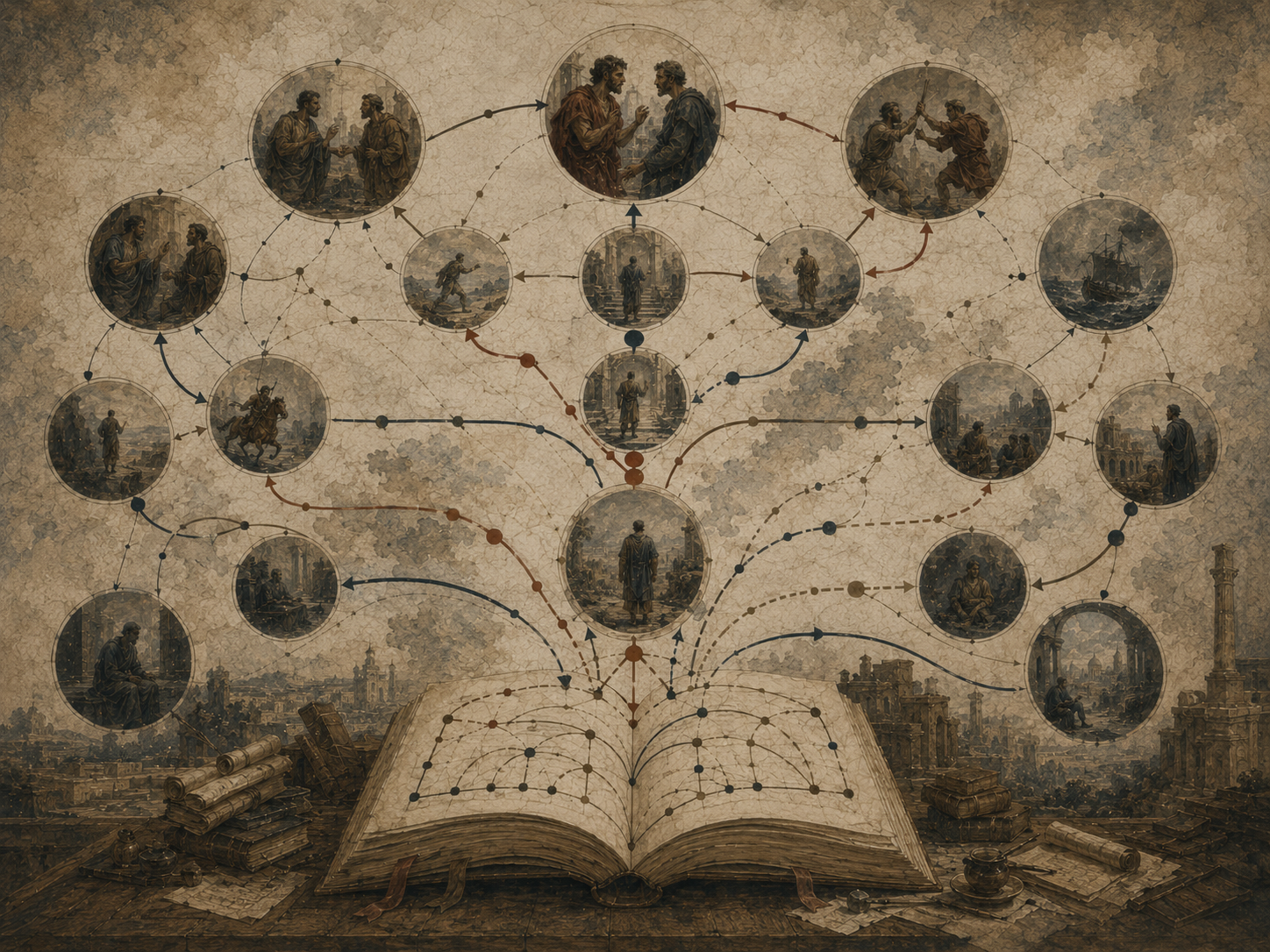 Editorial illustration of an open manuscript sending branching arrows, nodes, and circular scenes of conflict, pursuit, opposition, and turning points through a narrative structure.