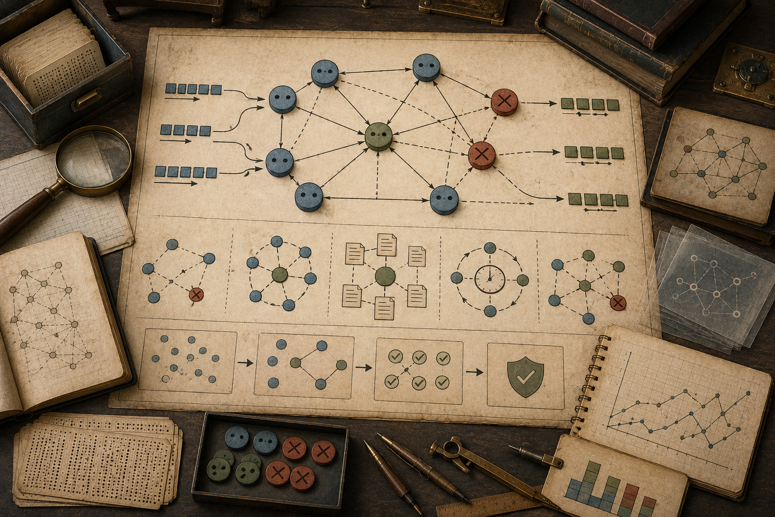 A restrained scholarly illustration of a vintage distributed-systems workspace with network nodes, message paths, failed-node markers, coordination diagrams, check symbols, punched cards, notebooks, and archival tools representing consensus and fault tolerance without readable text.