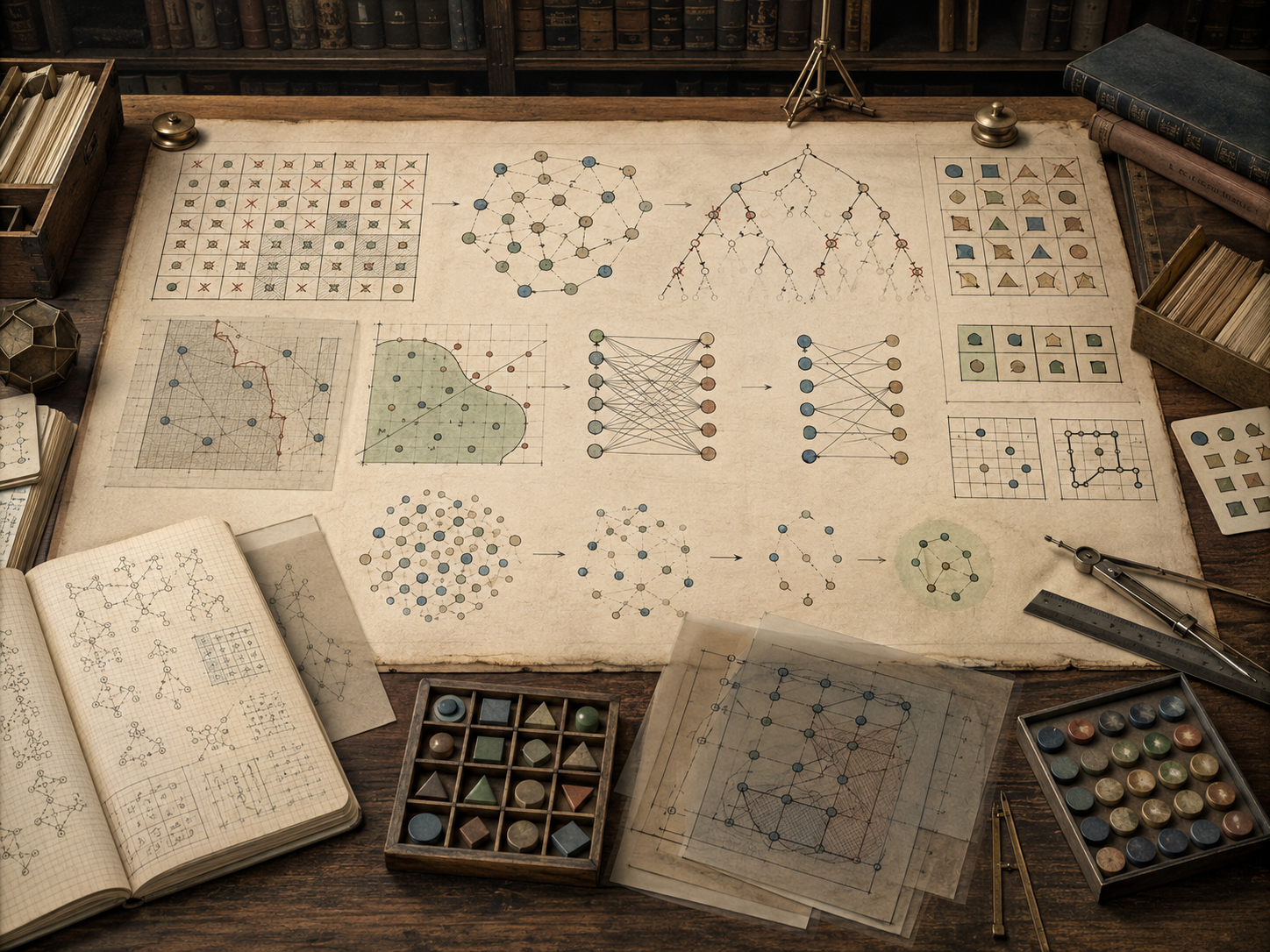 A restrained scholarly illustration of a vintage academic desk with constraint grids, crossed-out possibilities, feasible regions, bipartite matching diagrams, branching search trees, symbolic tokens, notebooks, rulers, and archival papers representing constraint satisfaction.