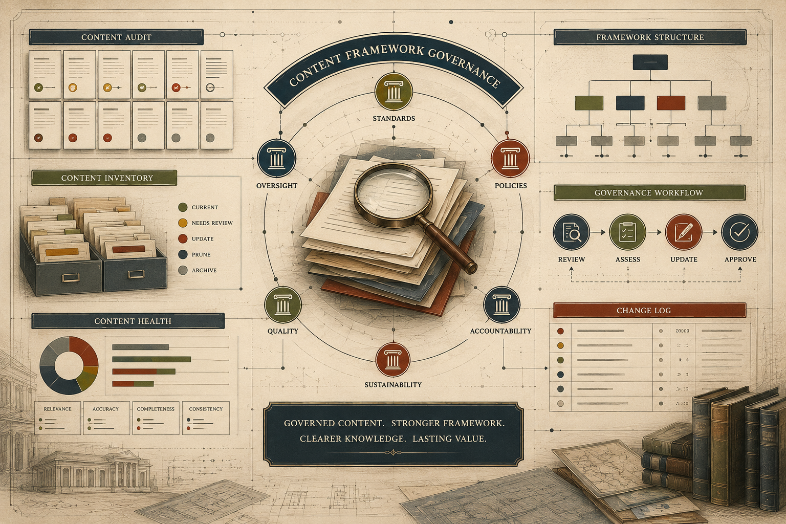 Editorial infographic-style illustration of content audit documents, inventory folders, governance charts, workflow diagrams, and a magnifying glass over layered papers.