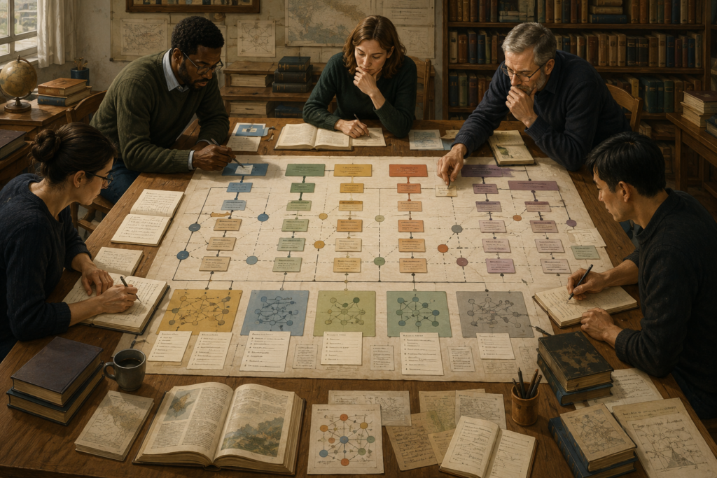 Researchers organize concept cards, content structures, knowledge maps, books, notebooks, and framework diagrams on a large institutional library table.