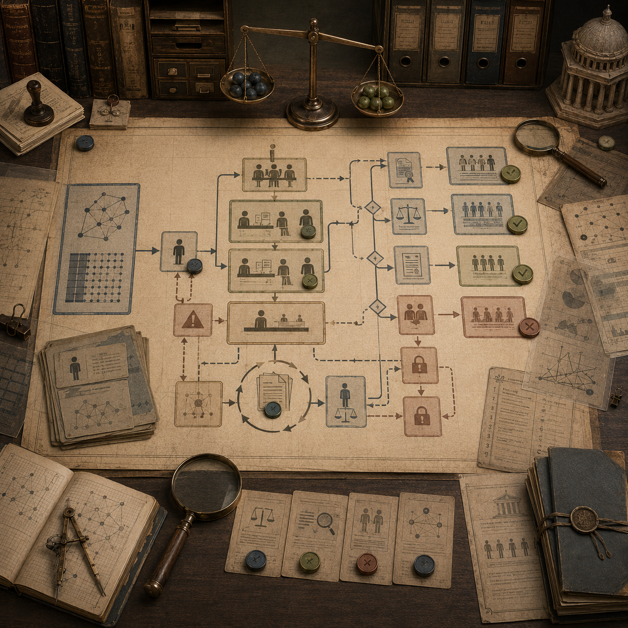 A restrained scholarly illustration of a vintage archival desk with investigation pathways, appeal routes, decision records, review checkpoints, evidence folders, balance scale, notebooks, rulers, and analytical tools representing contestability, appeals, and algorithmic due process.