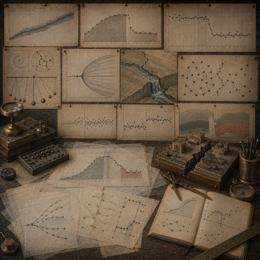 Archival mathematical workspace with continuous curves, sudden breaks, segmented graphs, cracked terrain models, network diagrams, notebooks, and drafting tools representing continuity, discontinuity, and structural breaks.