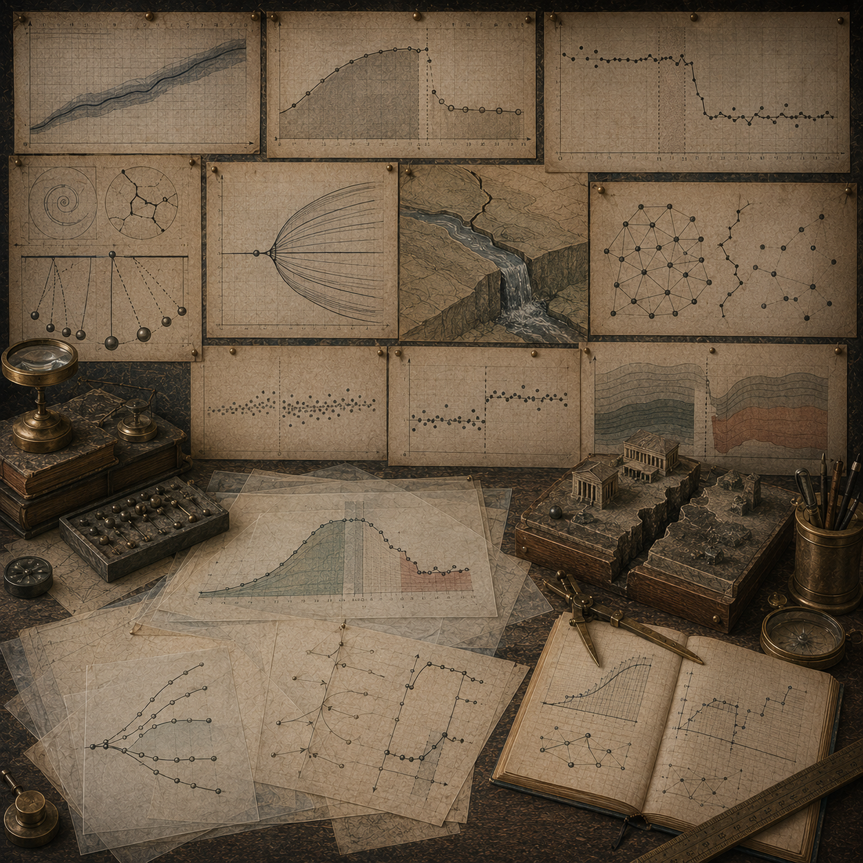 Archival mathematical workspace with continuous curves, sudden breaks, segmented graphs, cracked terrain models, network diagrams, notebooks, and drafting tools representing continuity, discontinuity, and structural breaks.