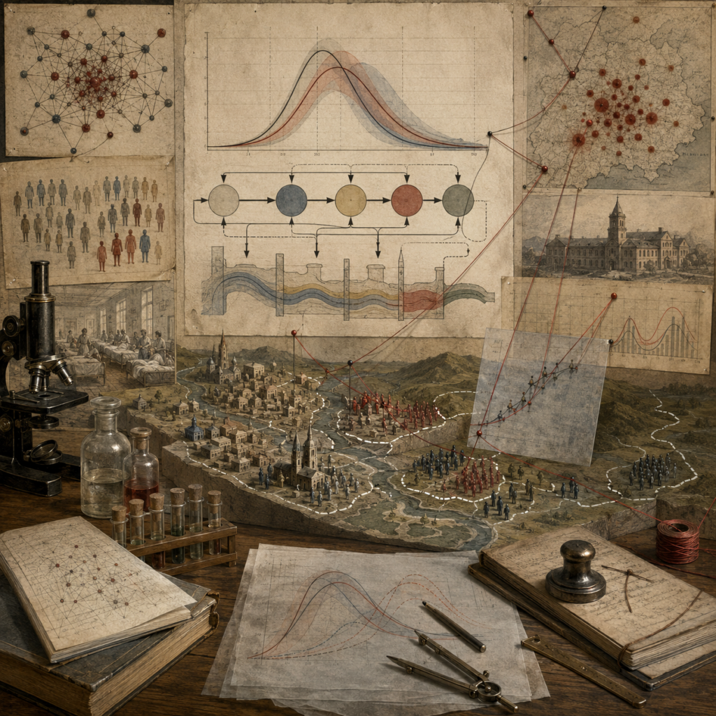 Archival epidemiology modeling workspace with epidemic curves, population groups, transmission networks, regional maps, laboratory glassware, microscope, notebooks, and drafting tools representing continuous-time disease models.