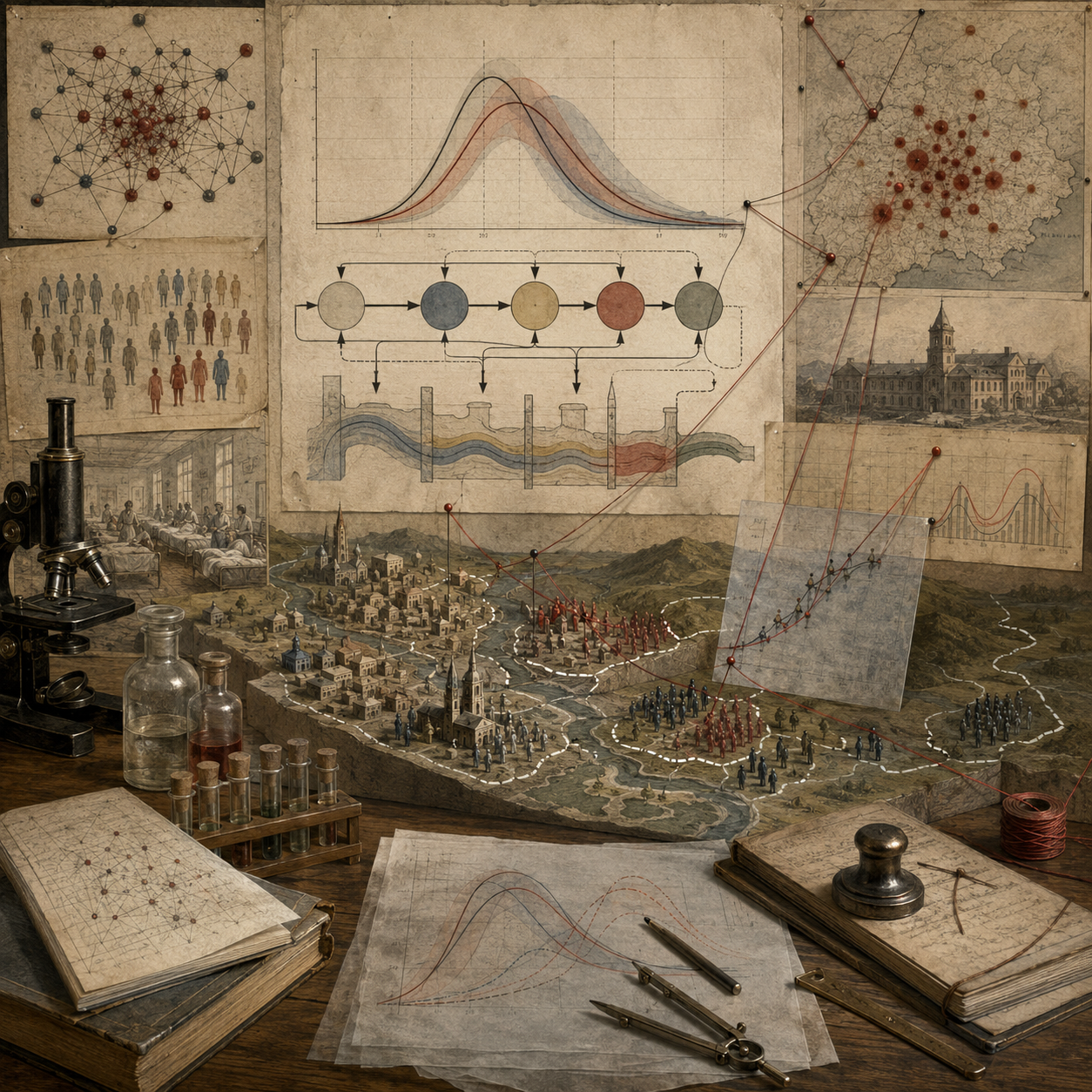 Archival epidemiology modeling workspace with epidemic curves, population groups, transmission networks, regional maps, laboratory glassware, microscope, notebooks, and drafting tools representing continuous-time disease models.