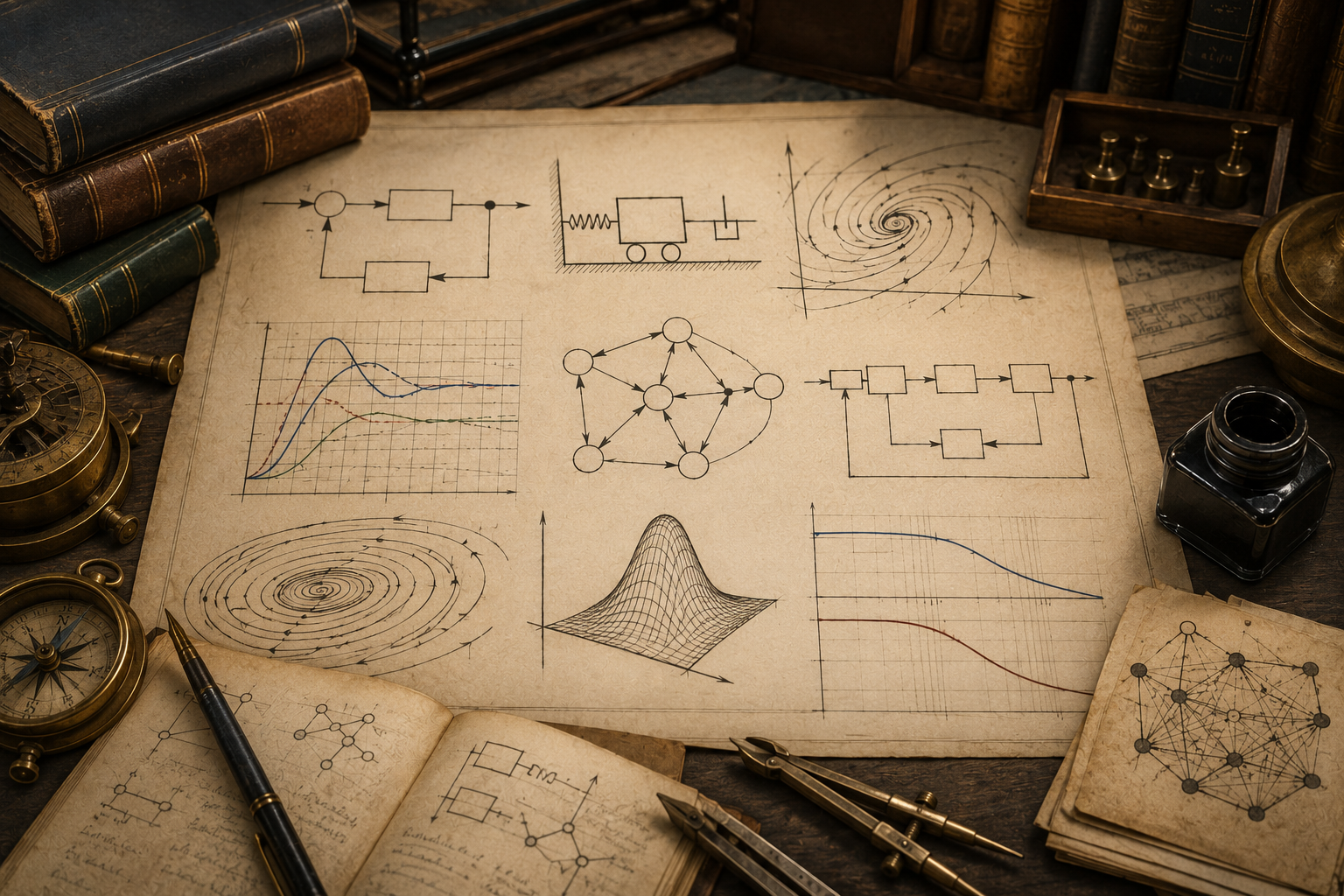 Vintage engineering workspace with feedback-loop diagrams, response curves, phase portraits, network structures, mechanical sketches, books, and drafting tools.