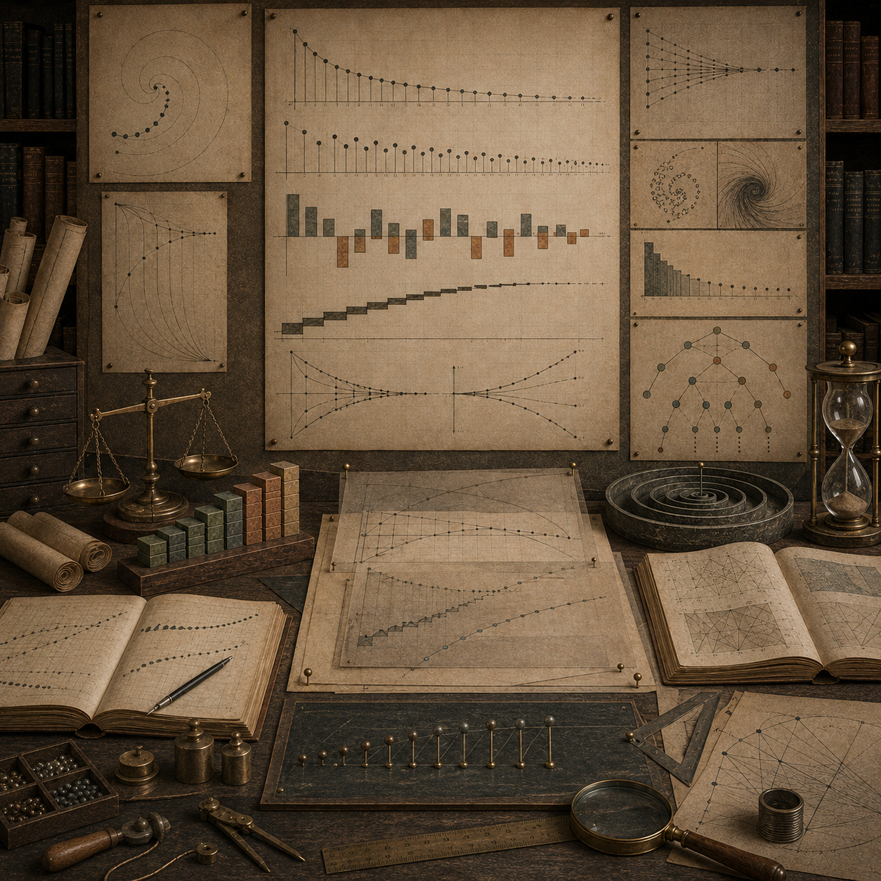 Vintage mathematical study with converging point sequences, narrowing diagrams, alternating bar patterns, spiral forms, balances, hourglass, notebooks, and drafting tools representing convergence tests and infinite approximation.
