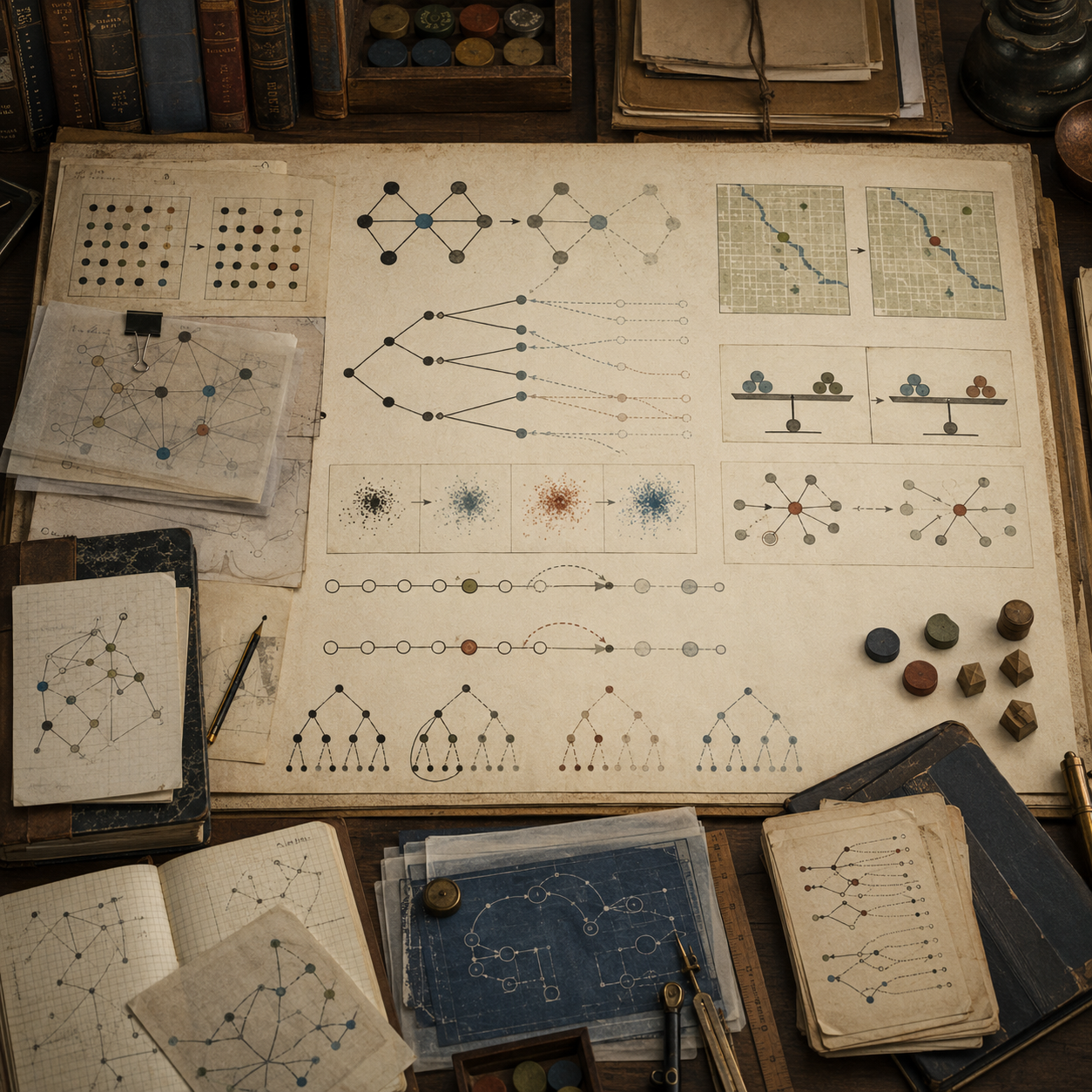 A restrained scholarly illustration of a vintage research desk with branching causal pathways, alternate outcomes, intervention diagrams, comparison grids, notebooks, archival papers, rulers, and symbolic tokens representing counterfactual reasoning in algorithmic systems.