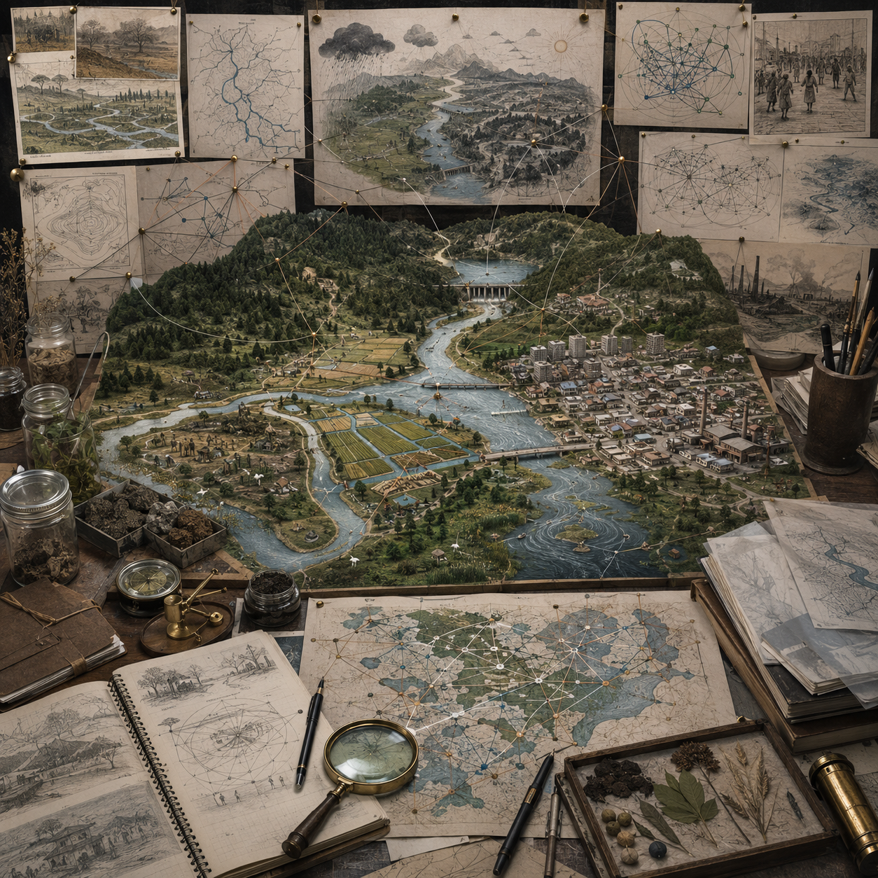 Archival systems modeling workspace with a detailed river-basin diorama, forests, farms, settlements, industry, dams, maps, network diagrams, field samples, notebooks, and drafting tools representing coupled human-natural systems.